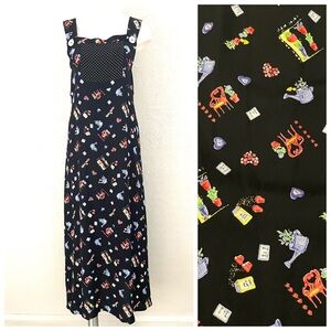 Vintage 90s Jenny Helene Garden Print Black Rayon Maxi Jumper Dress Size Small